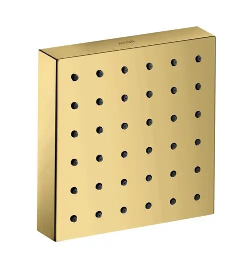 Eckiges Duschpaneel in glänzendem Gold mit schwarzen Düsen, hergestellt von AXOR. Geeignet für die Unterputzmontage in Badezimmern.